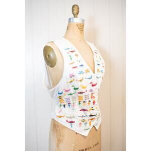Vintage Cotton Embroidered Vest, Sea Creatures Mermaids Colorful Boho Hippy, Med
